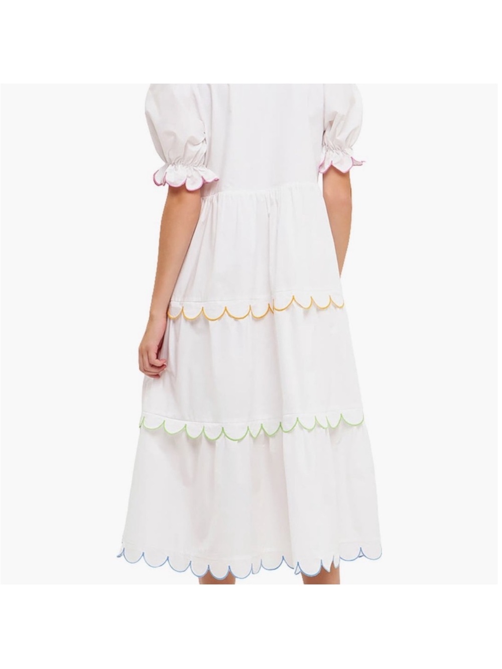 English Factory White Tiered Midi Dress with Multicolor Scallop Trim - Picture 3 of 7